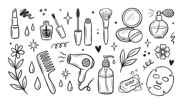 Hand-drawn black and white beauty products collection in a cute doodle style, featuring lipstick, mascara, perfume, a hairdryer, and various skincare items for a self-care routine