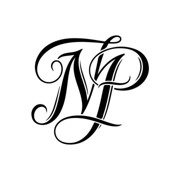 Elegant intertwined monograms 'n' and 'p' in a decorative script font on a white background isolated on transparent background