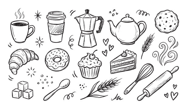 Hand drawn black and white doodle set of coffee, tea, and bakery items including a croissant, donut, cake, and cupcake in a charming sketchy illustration style for cafe menus