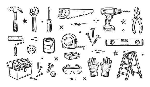 Hand-drawn set of construction tools in a black and white doodle style, featuring a hammer, saw, drill, and other DIY equipment for repair and renovation projects