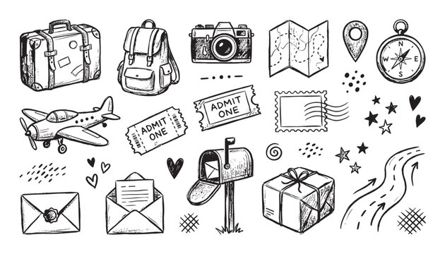 Hand-drawn black and white travel icons set featuring a vintage suitcase, camera, airplane, map, compass, and letter illustrations in a charming doodle style