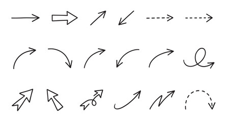 Set of hand-drawn black line arrows in a simple doodle sketch style, featuring various shapes like curved, straight, and dashed pointers for indicating direction