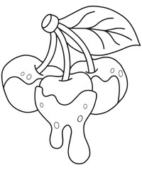 Three ripe cherries covered in rich chocolate syrup isolated on white background Coloring Sheet