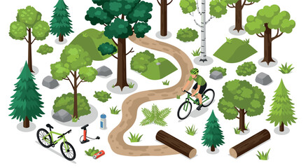 Cyclist riding on forest trail with greenery and bicycle in isometric design