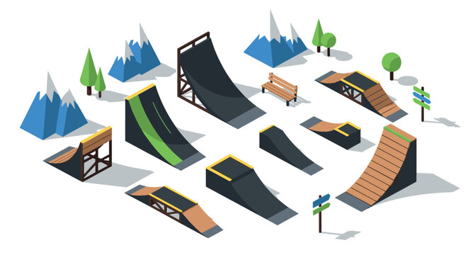 Isometric skateboard park elements with ramps and trees