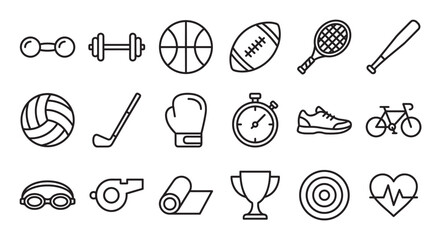 Collection of black line sport icons representing various athletic and fitness activities, including a dumbbell, basketball, football, trophy, and bicycle in a clean minimalist style