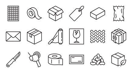 Collection of packaging and shipping line icons showing a cardboard box, tape dispenser, fragile symbol, and bubble wrap for logistics and delivery services in a minimalist vector style
