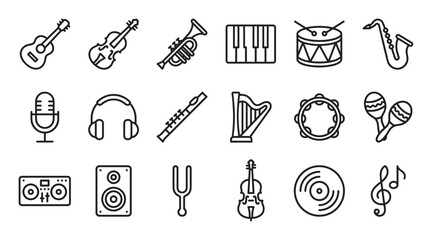 Fototapeta premium Collection of minimalist black outline icons representing musical instruments and audio equipment including a guitar, drum, keyboard, microphone, and vinyl record