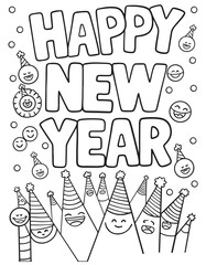 Simple happy new year text with cartoon party hats for kids coloring sheet isolated on white background Coloring book Sheet