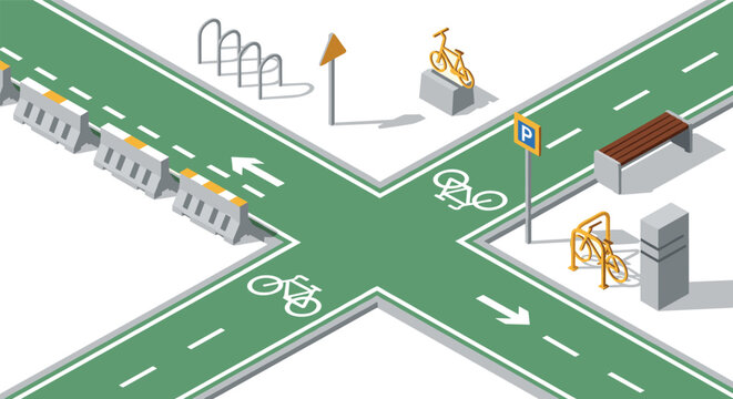 Isometric urban bicycle crossing with bike lane and parking features