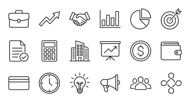 Business and finance thin line icon set including briefcase, chart, handshake, money, and team symbols for corporate presentations and marketing materials in a minimalist style