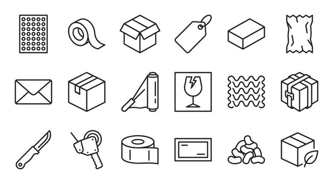 Collection of packaging and shipping line icons showing a cardboard box, tape dispenser, fragile symbol, and bubble wrap for logistics and delivery services in a minimalist vector style