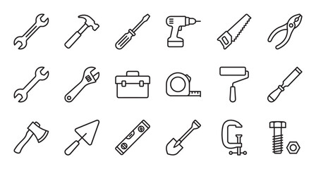 Large set of black line art tool icons for construction and repair, including a hammer, wrench, screwdriver, and drill, presented in a clean, minimalist vector graphic style