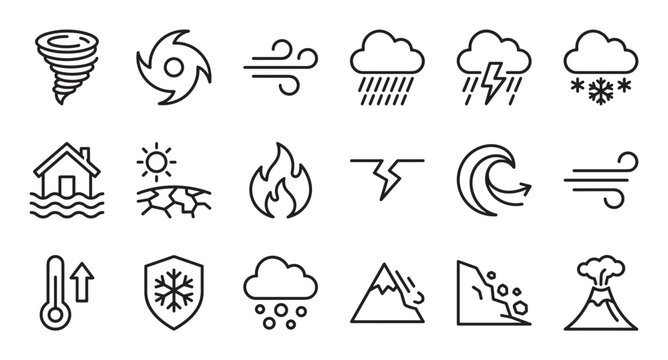 Set of natural disaster and weather icons in a simple black outline style, featuring symbols for tornado, flood, earthquake, fire, hurricane, thunderstorm, and volcanic eruption