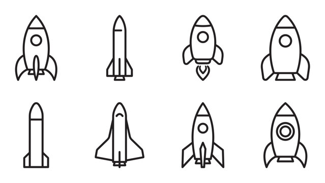 Set of black outline rocket and spaceship icons in various simple designs representing space exploration, startup launch, and future technology in a minimalist line art style