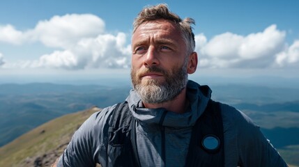 Man hiking mountain trail with beard and backpack.