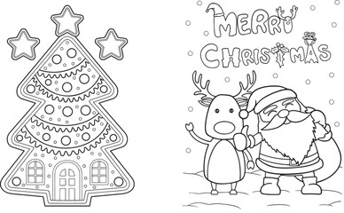 Whimsical tree shaped gingerbread house with stars and icing decorations coloring sheet for kids isolated on white background