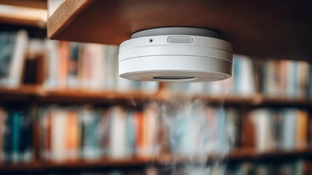 Medium shot of an IoT sensor mounted on a library ceiling capturing realtime occupancy data for optimized space utilization