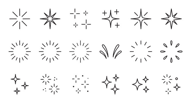 Set of eighteen different black sparkle icons with various star, burst, and glint designs, rendered in a simple and clean minimalist line art vector style