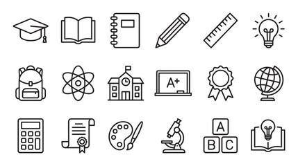 Set of black line art icons for education and school subjects including a graduation cap, book, pencil, globe, and microscope for learning concepts and academic achievement