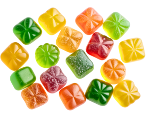 Assorted colorful gummy vitamins isolated on transparent background, symbolizing healthy lifestyle and dietary supplements.
