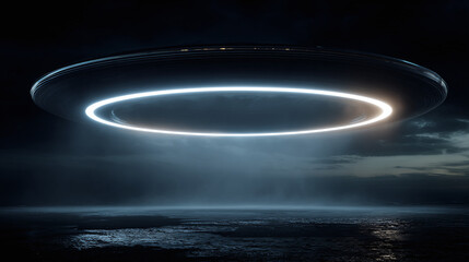A mysterious UFO hovers above a dark and reflective surface, illuminated by a bright, glowing light. The atmosphere is dense with an ethereal glow, adding to the intrigue of the unidentified object