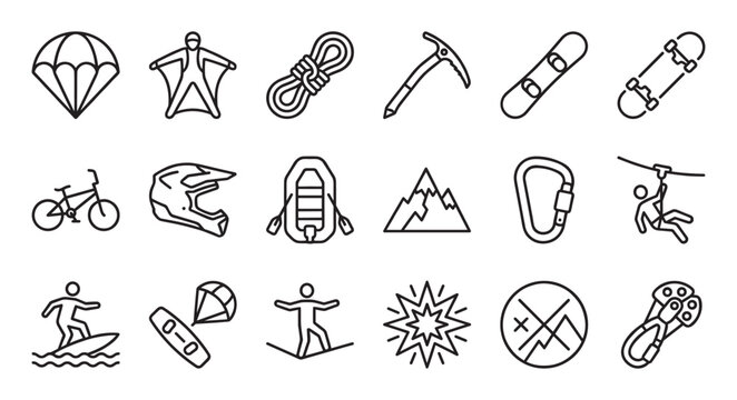 Set of extreme sports line icons representing adventure activities like skydiving, climbing, and snowboarding in a minimalist black and white vector illustration style