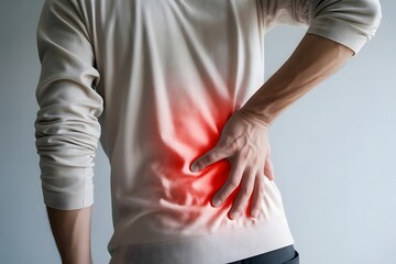 Man holding his lower back with highlighted pain area, showing symptoms of muscle strain, lumbar discomfort, and common back injury issues.