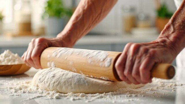 close up of hands using a wooden rolling pin to flatten fresh dough on a floured kitchen surface during homemade baking
