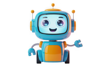 Cute friendly 3d robot character waving, isolated, with a bright smile.