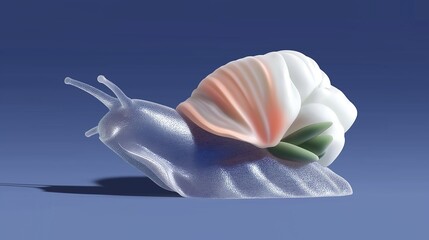 Cute, translucent 3D snail with a pink and white shell and green leaf details, isolated on a blue background