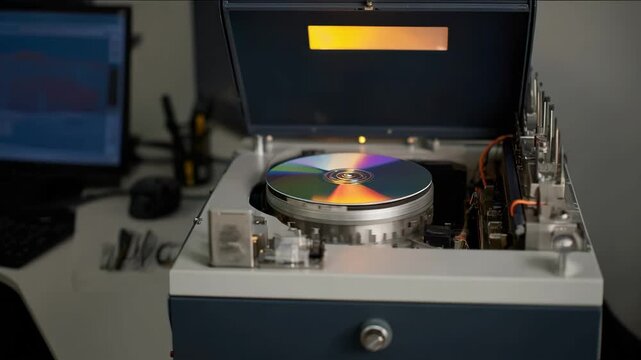 Medium shot of technician placing master CD into duplication machine for highquality small batch CD production.