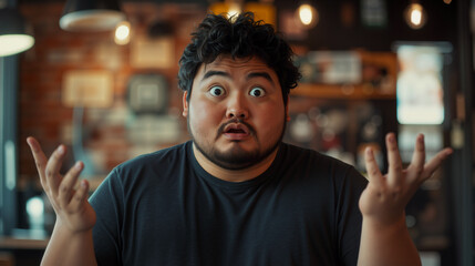 Asian overweight man with wide-eyed and raising hands in surprised confusion indoors with blurred background. Overweight Issues. Unexpected situations and questioning reactions