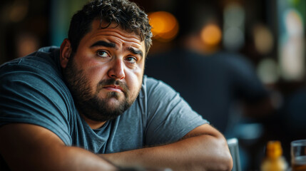 Overweight man with beard and curly hair in grey t-shirt looking up with pensive expression indoors. Overweight Issues, emotional reflection and personal contemplation