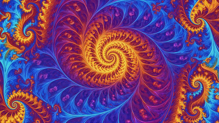 Fractal spiral in psychedelic style in fiery oranges and deep blues representing infinite patterns with copy space
