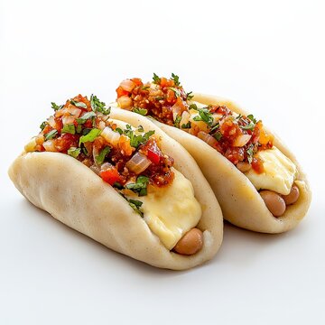 Two delicious Venezuelan Cachitos filled with ham, cheese, and a vibrant pico de gallo salsa are presented against a clean white background, showcasing their flavor.