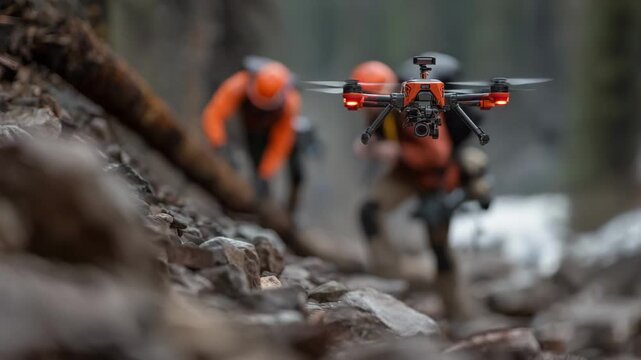 Medium shot of a rescue drone surveying a rugged disaster zone transmitting critical data to emergency responders during an urgent mission.