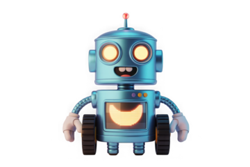 Cheerful metallic blue robot with glowing eyes and a happy smile