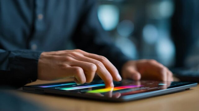 Closeup medium shot of a creative specialist adjusting sharpness settings on a tablet highlighting automated AI tools improving photo clarity.