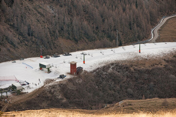 Artificially snow-covered ski slope in northern Italy