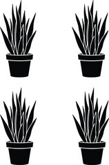 Minimal snake plant pot icon set, black silhouette indoor houseplant vector illustration collection for home decor, branding, prints, digital design
