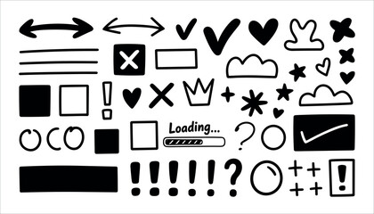 Collection of black hand drawn doodle icons and symbols on white background black and white