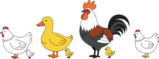 Cute farm bird family set with rooster, hen, duck and chicks for kids illustration, nursery decor and agriculture design