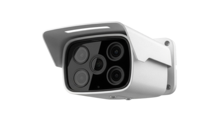 Modern white security camera PNG isolated on transparent background, surveillance system for home safety and property protection
