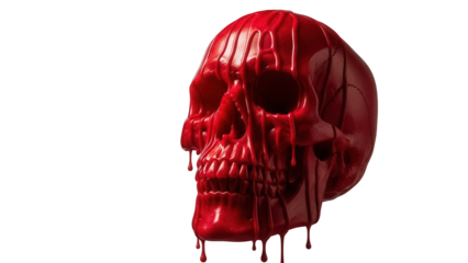 Red skull dripping with paint isolated PNG, spooky Halloween decoration for graphic design and creative projects, on transparent background
