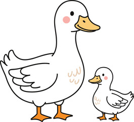 Cute mother duck and baby duckling cartoon illustration showing parent and child bonding for kids nursery, farm animal and spring design