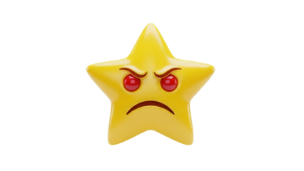 Angry yellow star isolated PNG on transparent background, cartoon emoji with red eyes and furrowed brow for social media and design