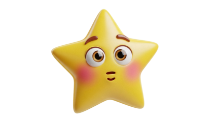 Confused yellow star cartoon character PNG isolated on transparent background, cute emoji with surprised expression for graphic design