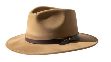 Tan fedora hat with brown band isolated PNG, stylish headwear for fashion and sun protection on transparent background