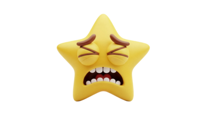 Distressed yellow star emoji PNG isolated on transparent background, 3D rendering of cartoon character with sad expression for social media